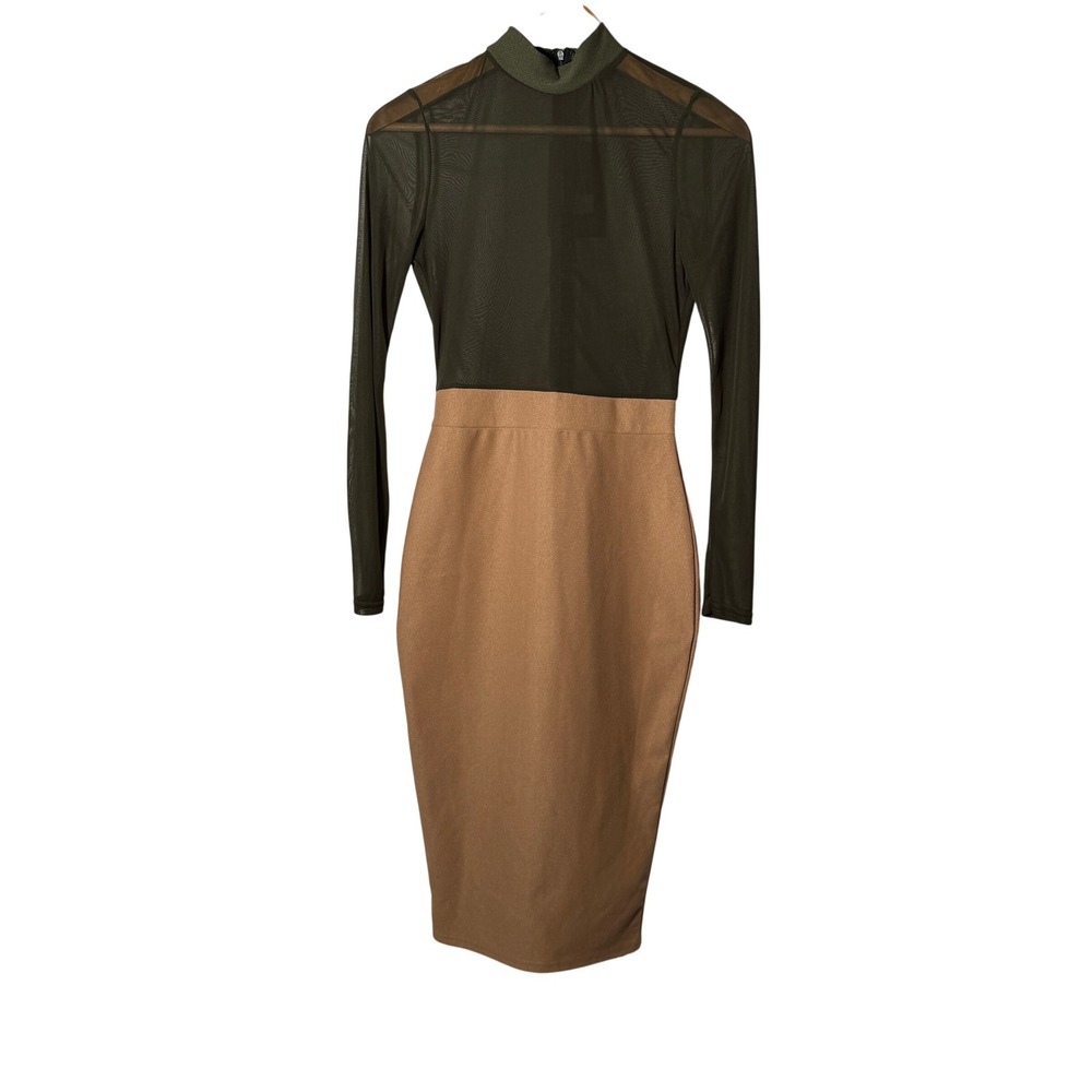 NEW Missguided Womens Mesh Mock Neck Colorblock Midi Dress Khaki Camel US 6